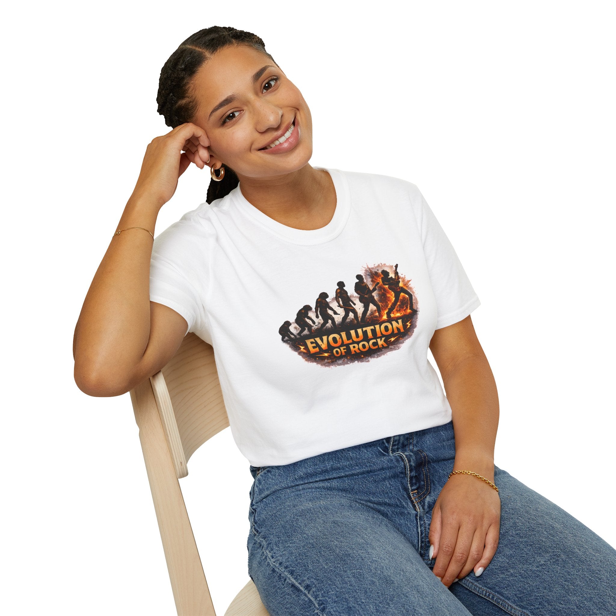 Person wearing a white t-shirt with 'Evolution of Rock' design, sitting on a chair.