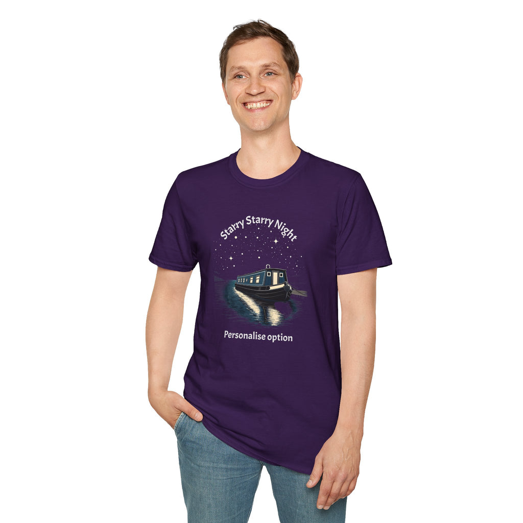 Starry Night Narrowboat T-Shirt – Personalised Canal Scene Printify
