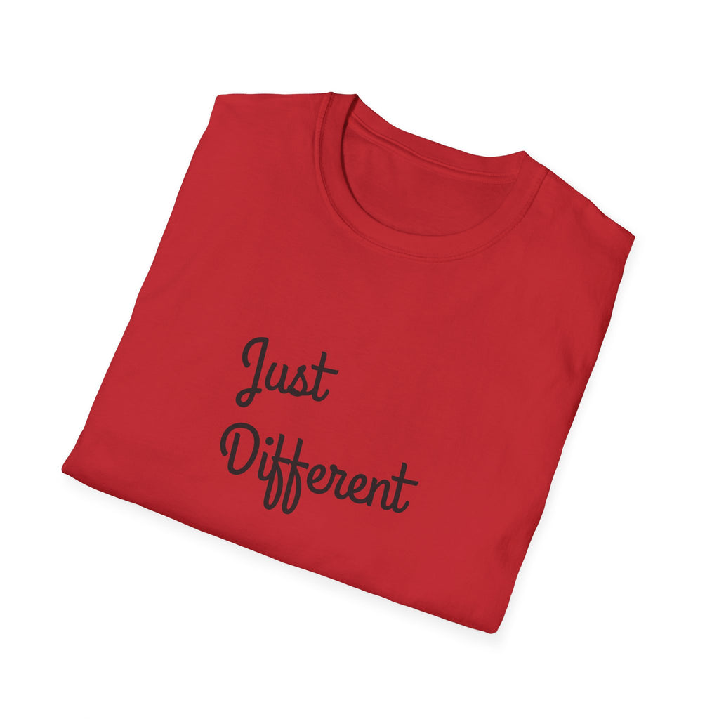 Folded red t-shirt with 'Just Different' text on a white background