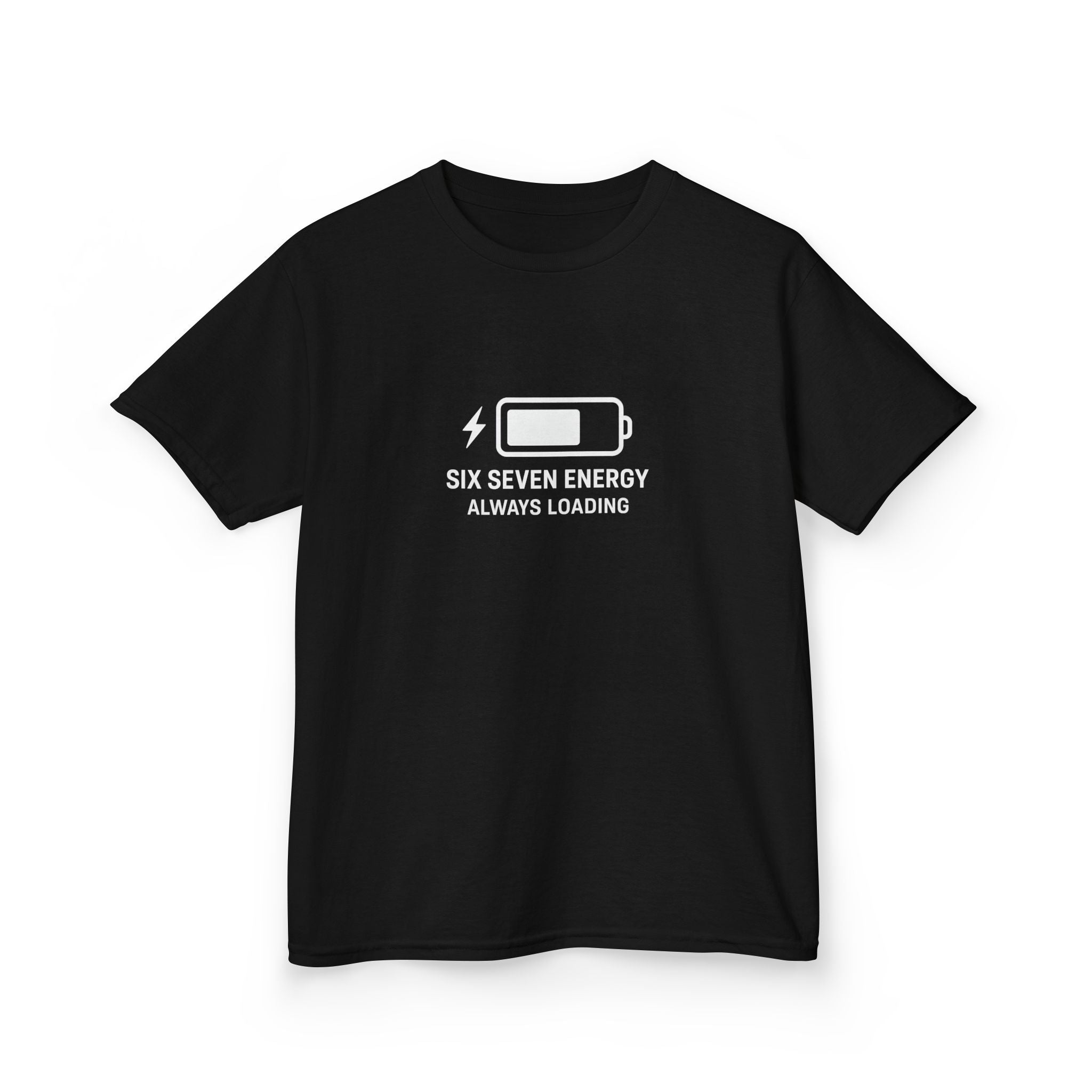Black t-shirt with white  six seven graphic and text on a white background