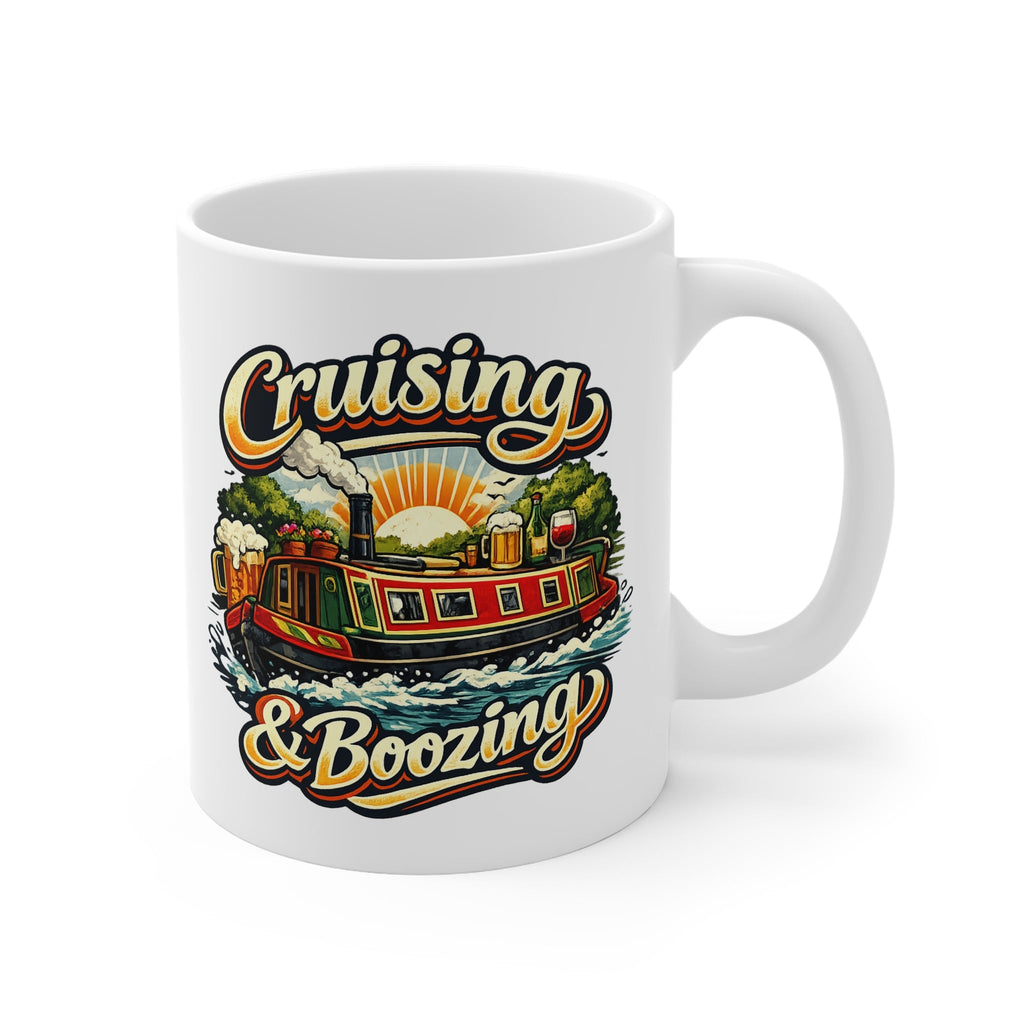 Cruising & Boozing Mug — Retro Canal Boat Beer Travel Coffee Cup Printify