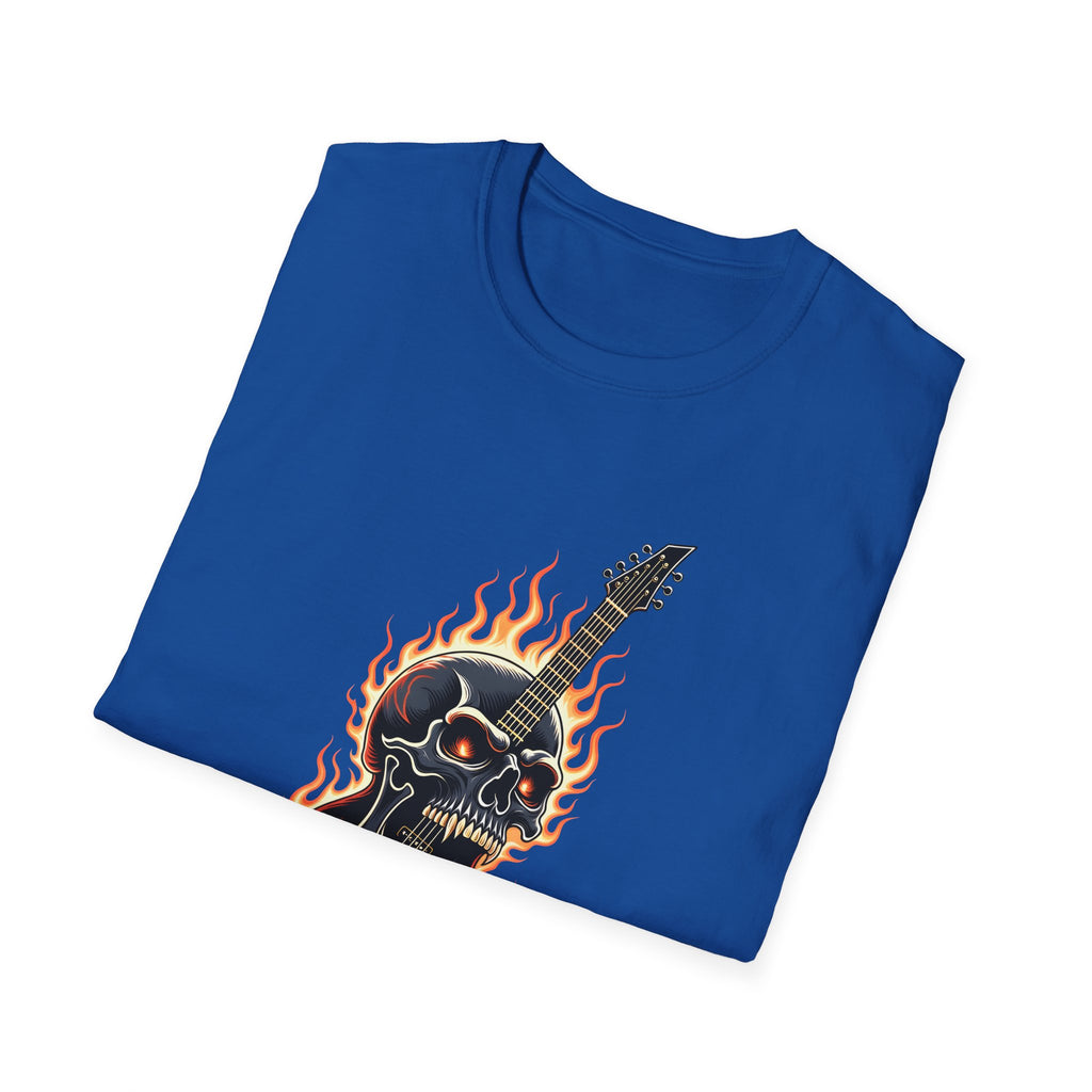 Folded blue t-shirt with a guitar and flaming skull design on a white background