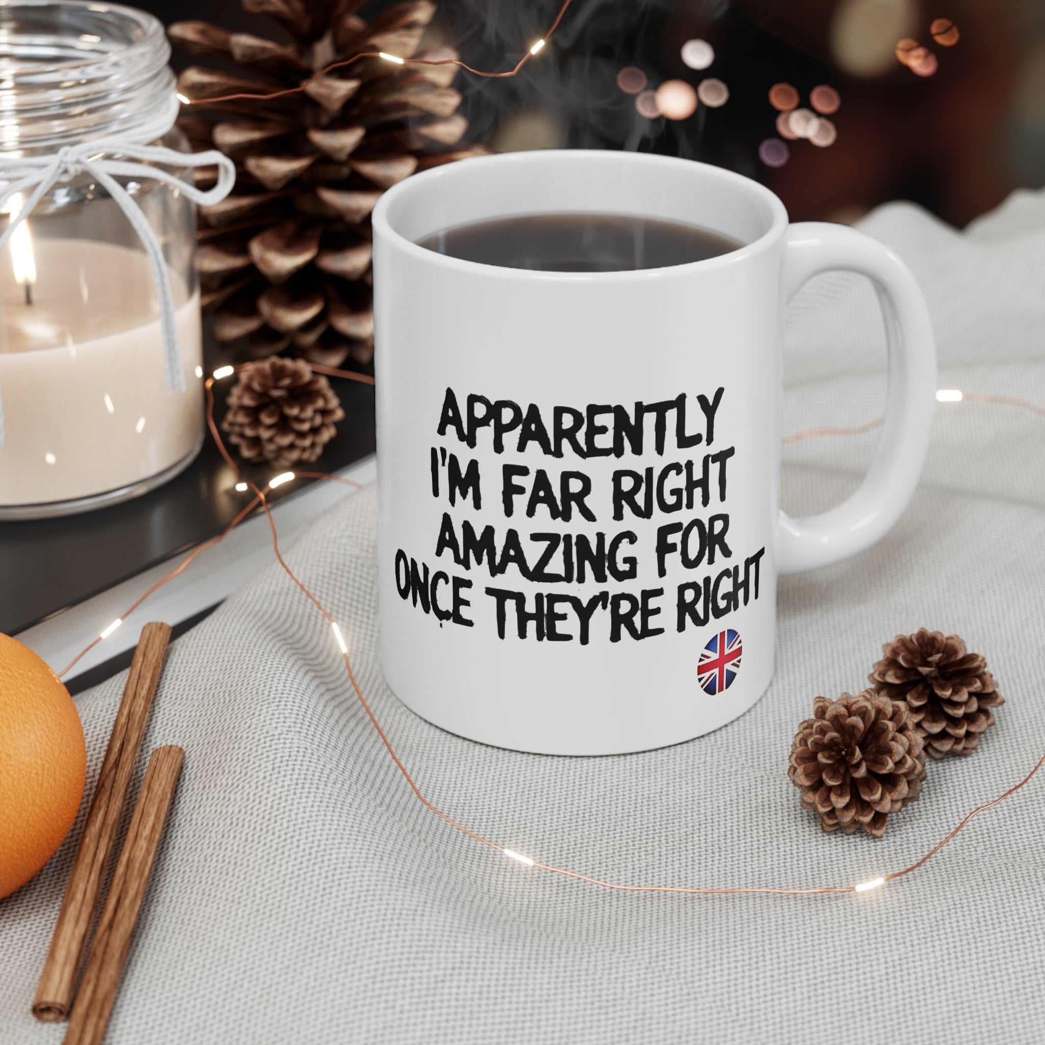 Apparently I’m Far Right  — Funny British 11oz Coffee Mug Printify