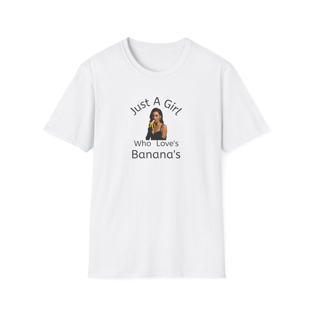 White t-shirt with graphic and text on a white background   Just a Girl Who Loves Bananas” shirt is the perfect mix of fruity Adult fun and playful charm. Ideal for foodies,