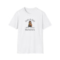 White t-shirt with graphic and text on a white background   Just a Girl Who Loves Bananas” shirt is the perfect mix of fruity Adult fun and playful charm. Ideal for foodies,