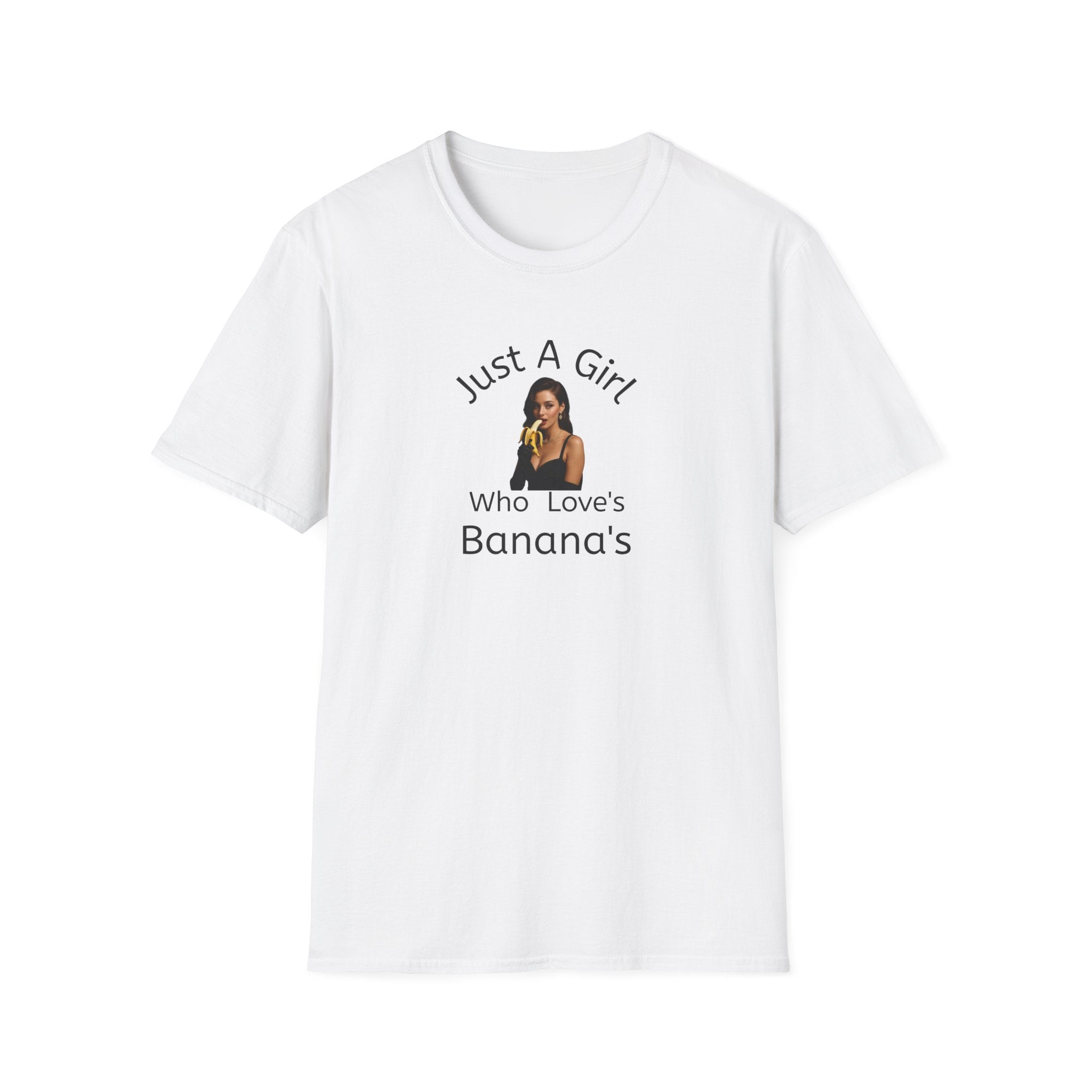 White t-shirt with graphic and text on a white background   Just a Girl Who Loves Bananas” shirt is the perfect mix of fruity Adult fun and playful charm. Ideal for foodies,