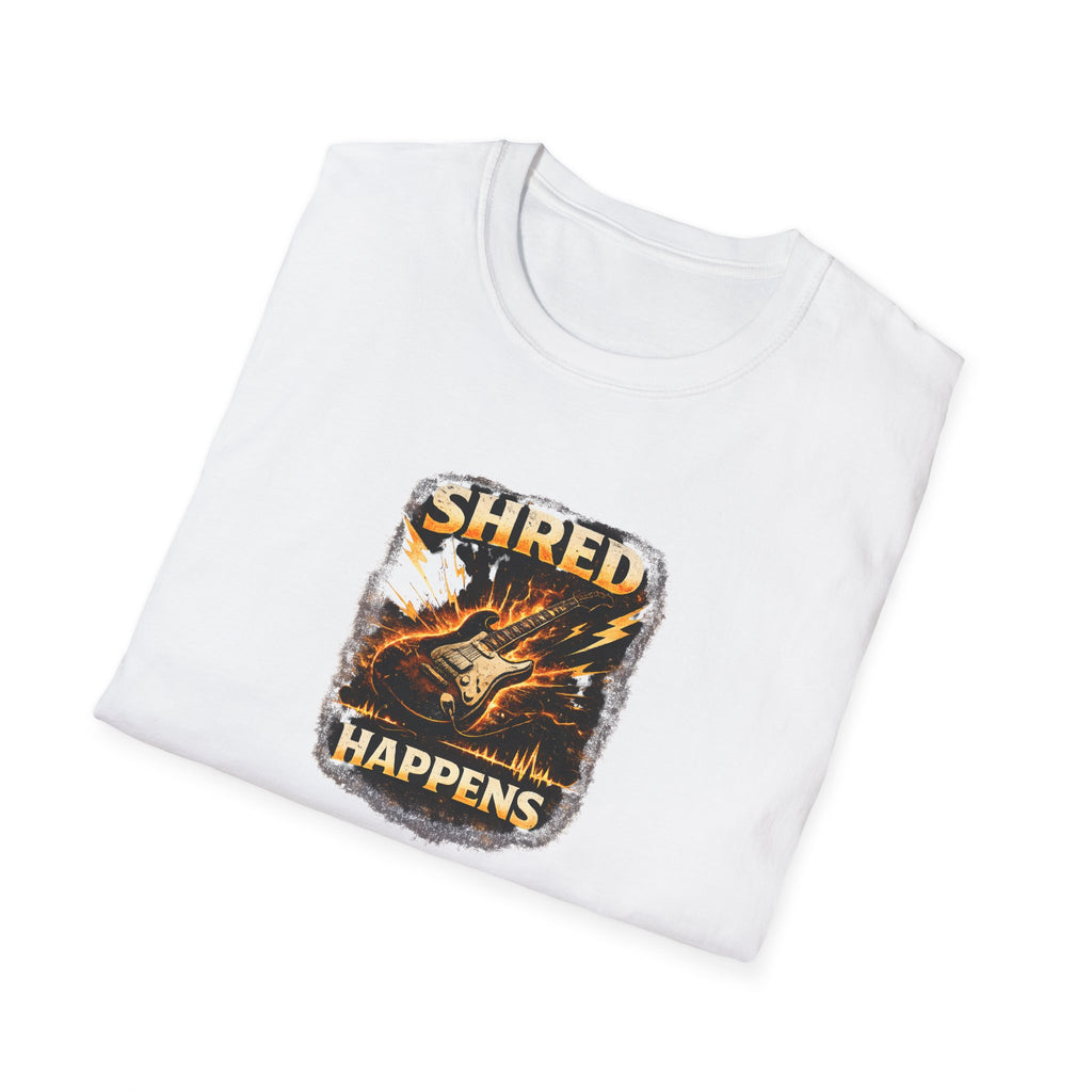 Shred Happens funny guitar player rock music t shirt design