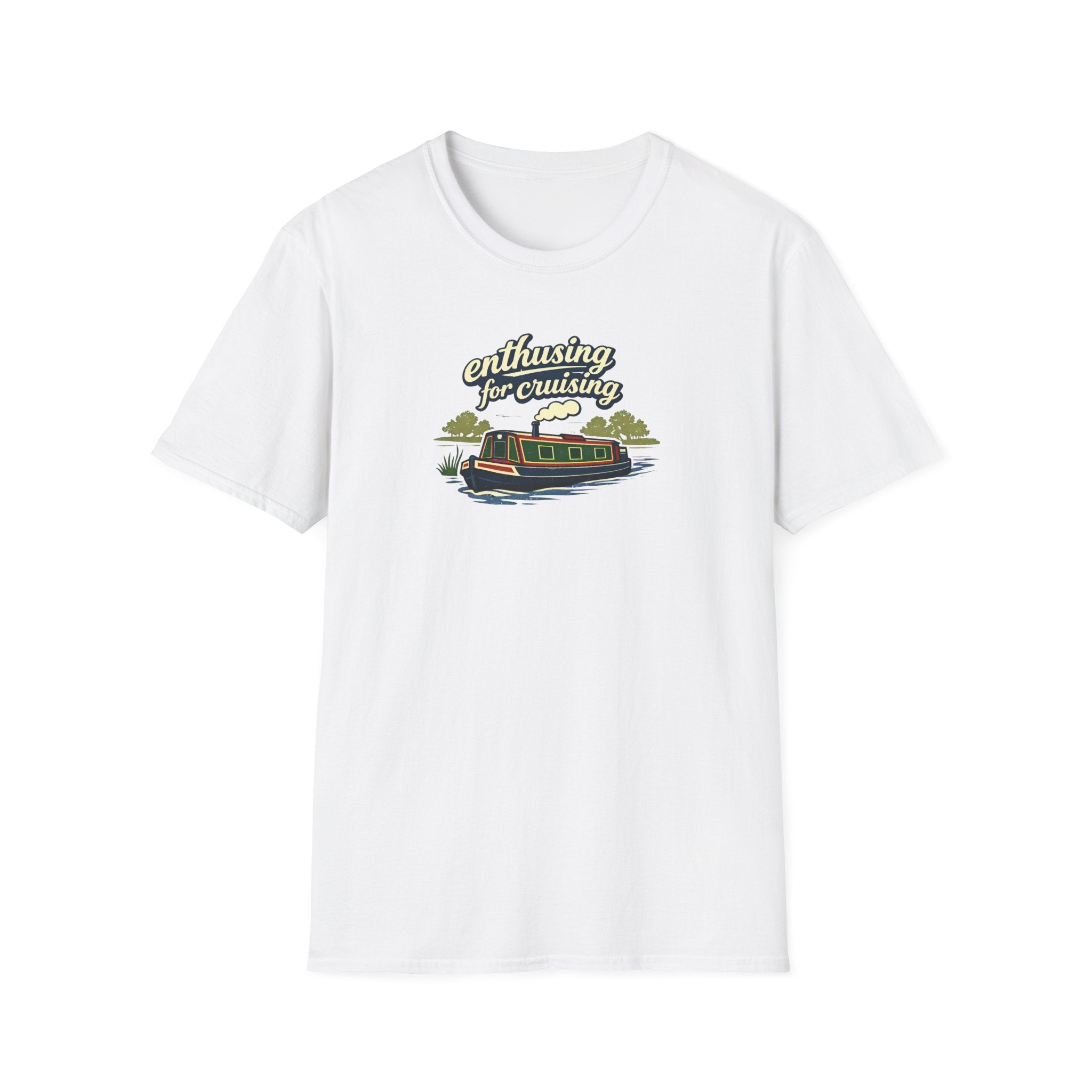 White t-shirt with a graphic design of canal narrow boat text enthusing for cruising