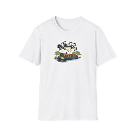 White t-shirt with a graphic design of canal narrow boat text enthusing for cruising