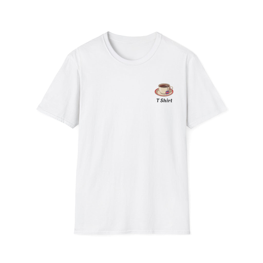 Shop the funny “T Shirt” tea pun tee featuring a tea cup and saucer graphic. Perfect gift for tea lovers who enjoy clever wordplay and comfort.