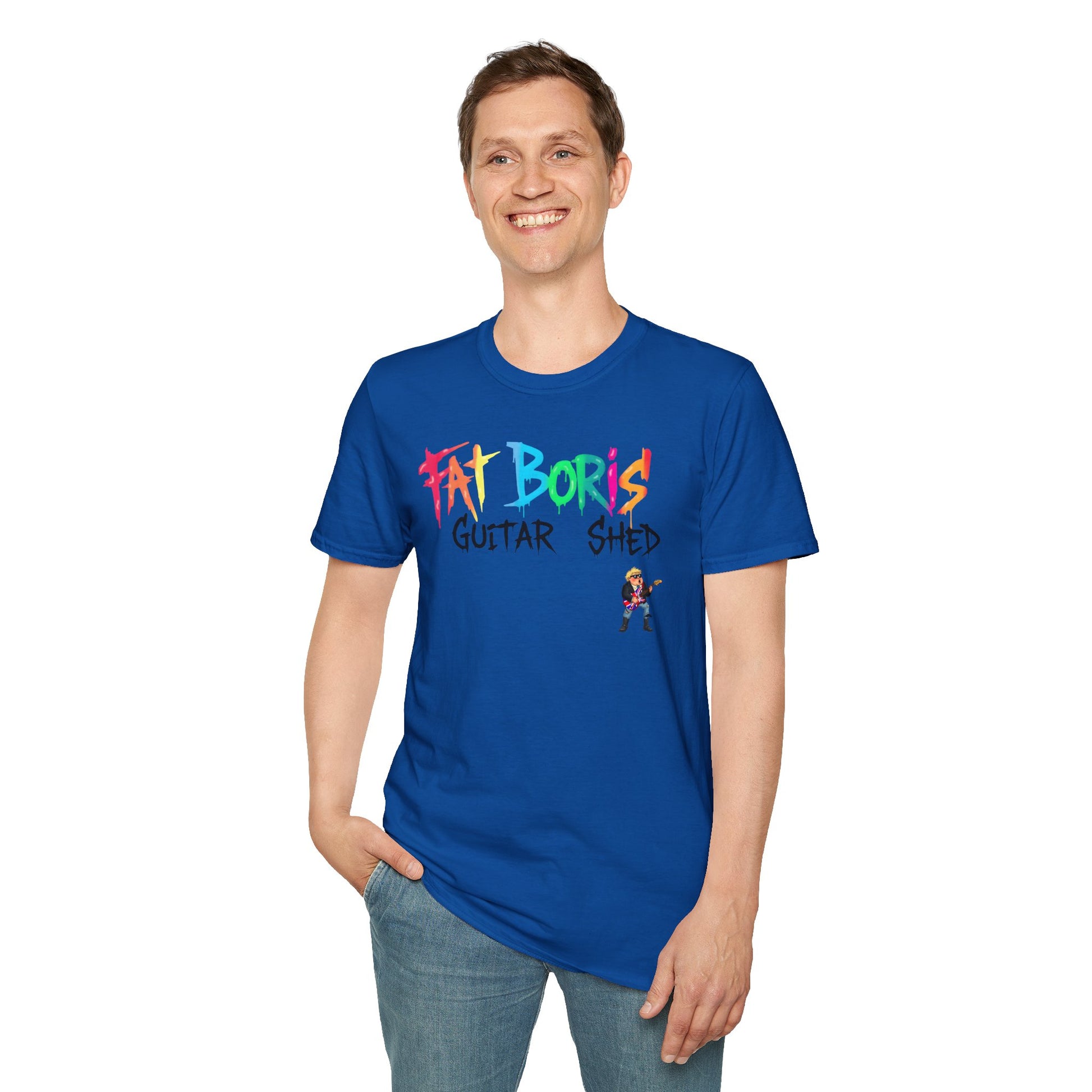 Fat Boris Guitar Shed T-Shirt – Funny Guitar Player Shirt | Musician Beer Shed Tee