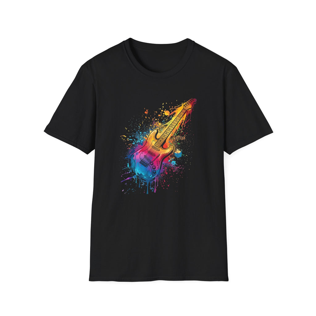 Black t-shirt with a colorful guitar graphic on a white background