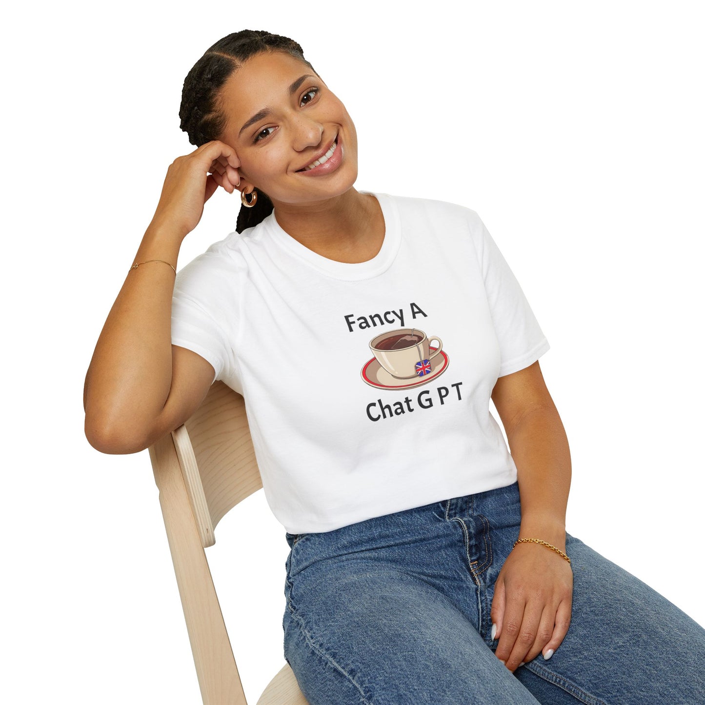 White t-shirt with a graphic of a coffee cup and saucer on a white background with text "fancy a chat gpt"