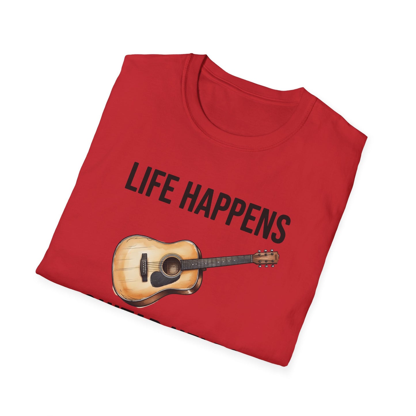 Life Happens Guitar Helps T-Shirt | Funny Acoustic Guitar Player Tee | Musician Gift Printify