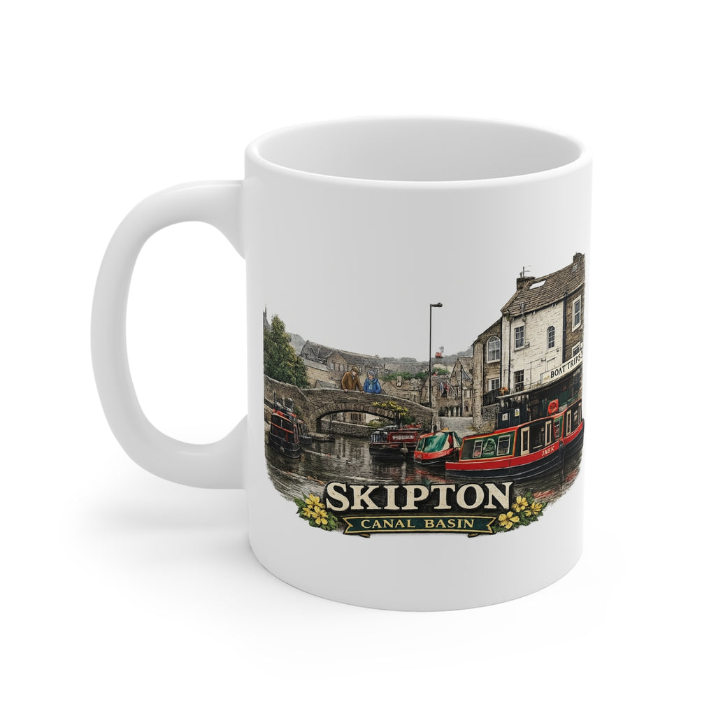 White mug with a scenic design of Skipton Canal Basin on a white background