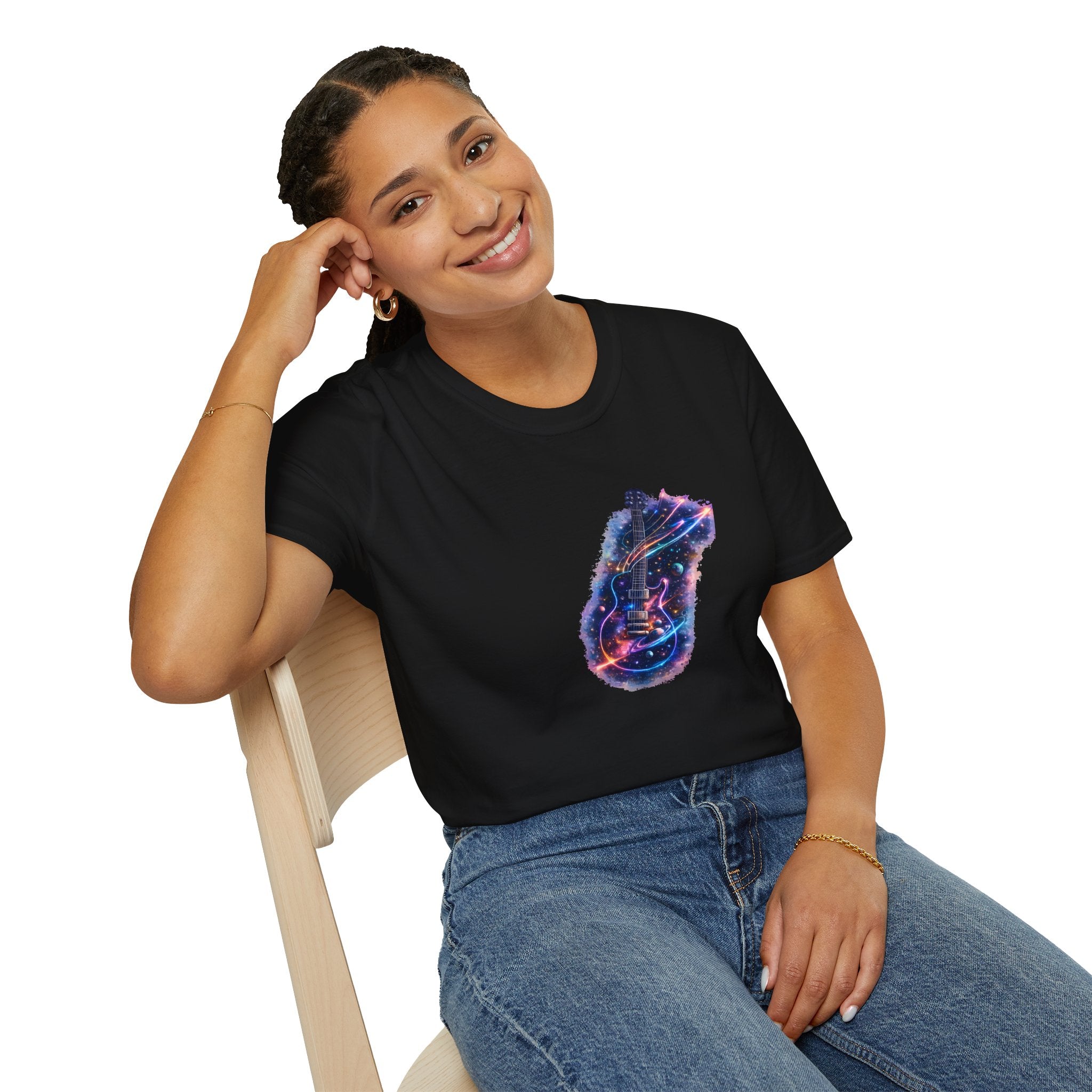 Cosmic guitar design with galaxy planets stars and neon shooting star strings for music lover t shirt