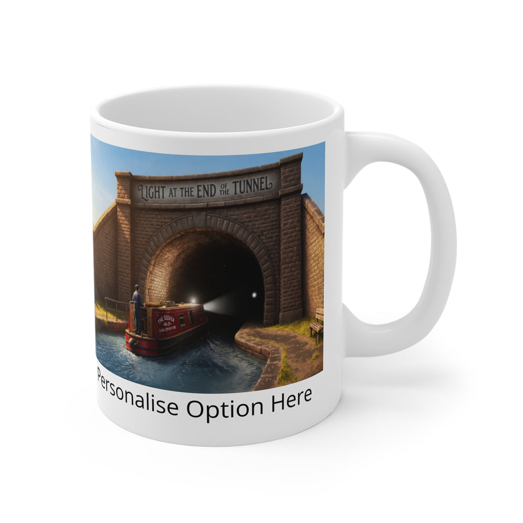 11oz Mug — 'Light at the End of the Tunnel' Canal Boat Scenic Coffee Cup (Customizable) Printify