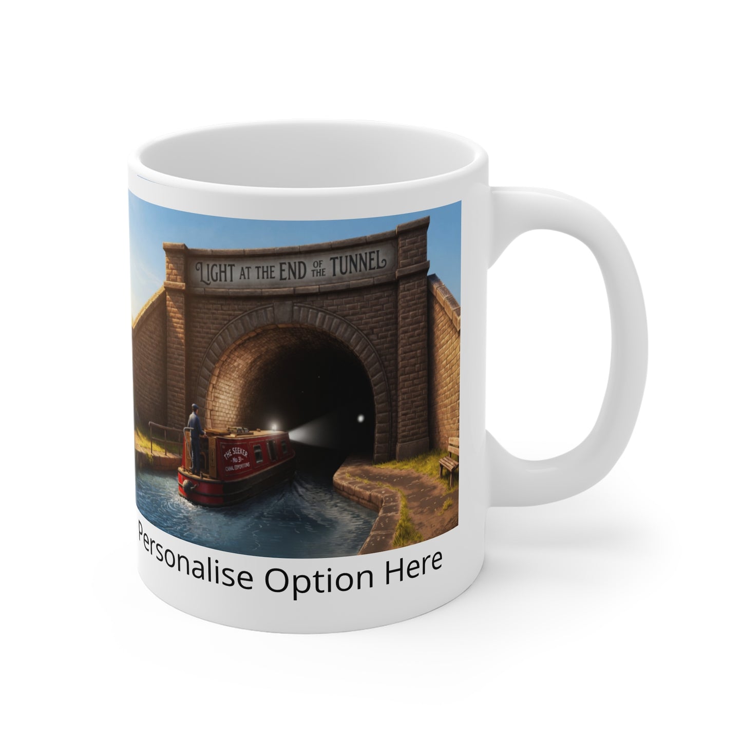 11oz Mug — 'Light at the End of the Tunnel' Canal Boat Scenic Coffee Cup (Customizable) Printify