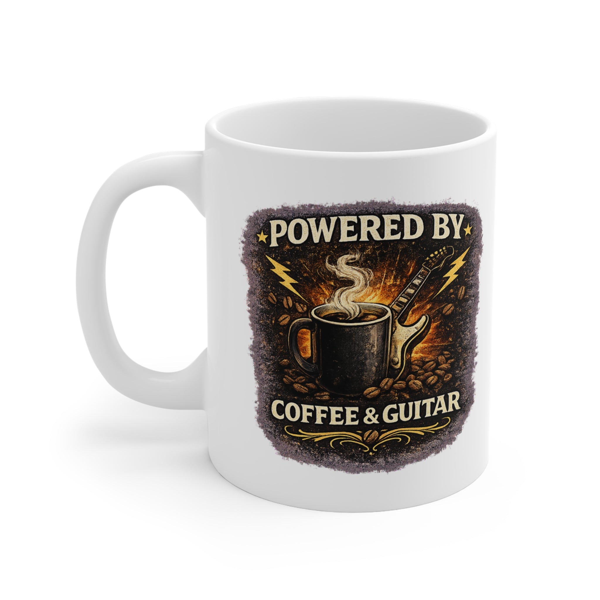 Powered By Coffee & Guitar Mug | Funny Guitar Player Coffee Mug | Musician Gift | Fat Boris Printify