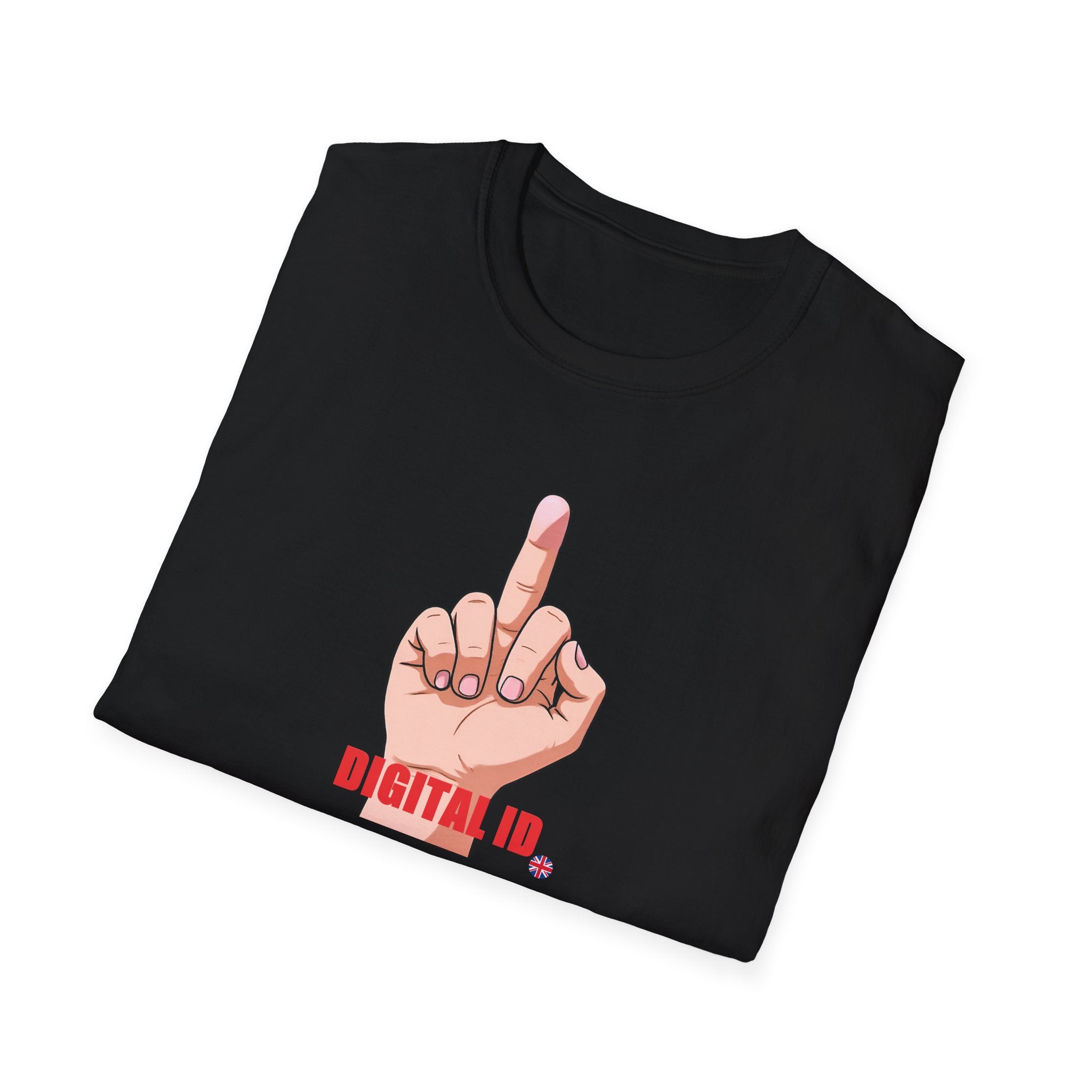 Folded Black t-shirt with a graphic of a hand making a middle finger gesture and 'DIGITAL ID' text on a white background