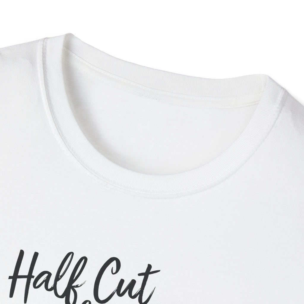 White t-shirt with 'Half Cut' text on a white background