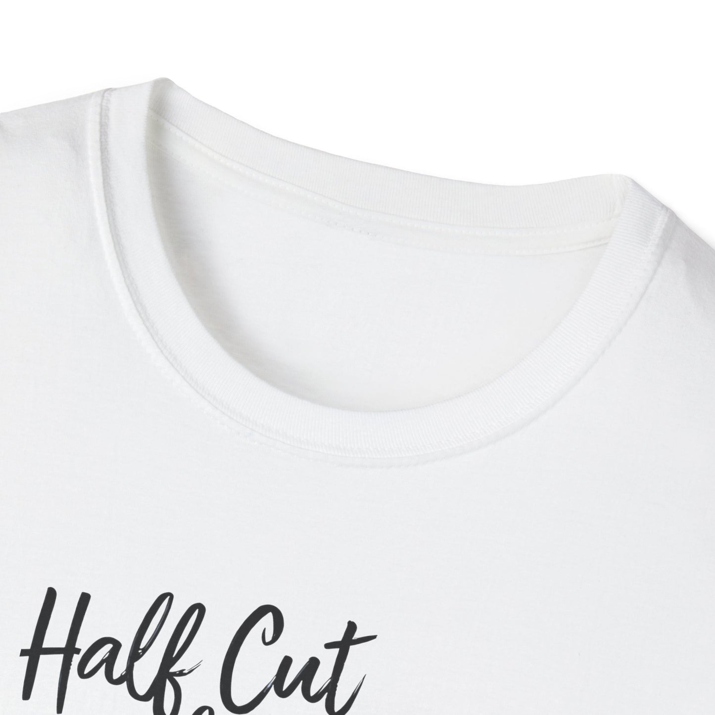 White t-shirt with 'Half Cut' text on a white background