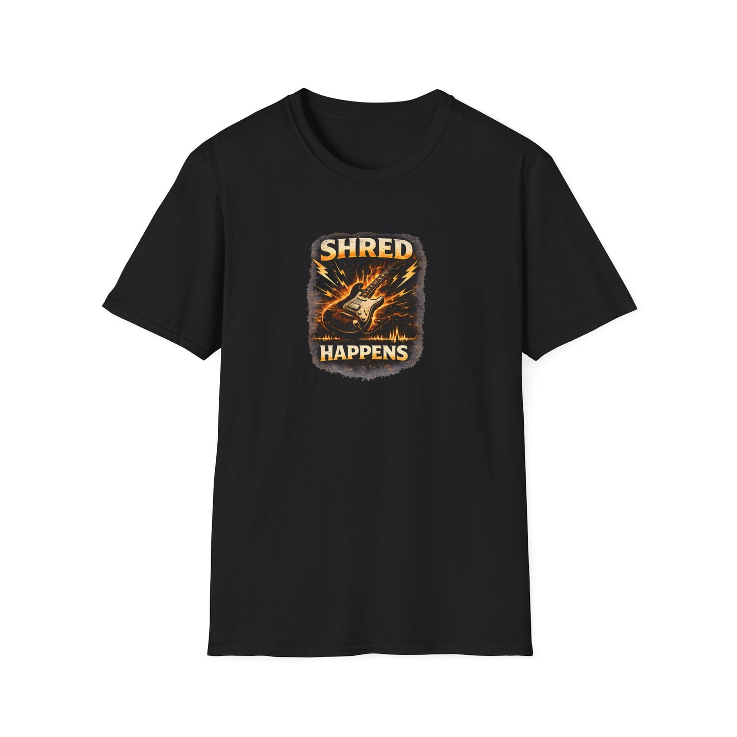 Shred Happens funny guitar player rock music t shirt design