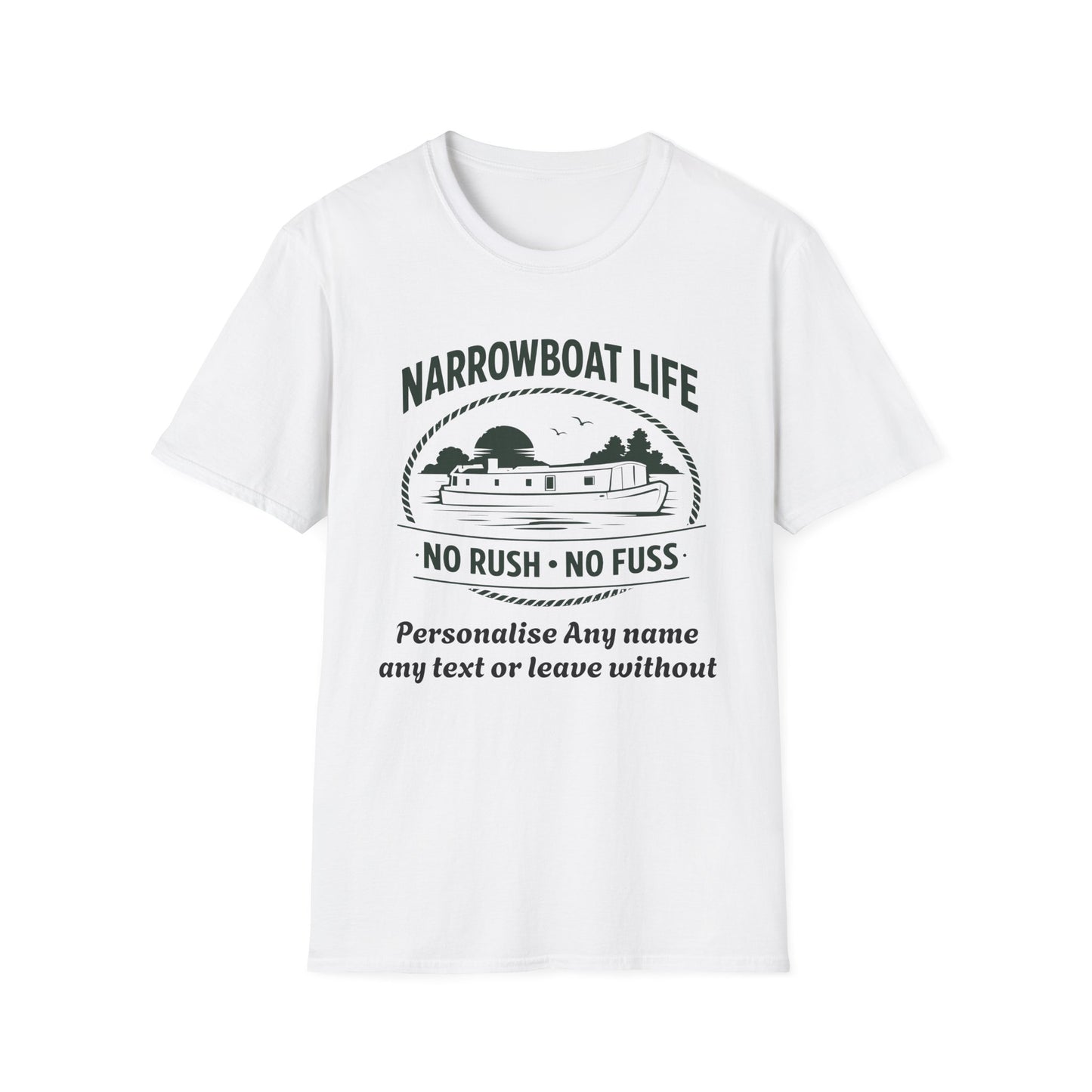 Narrowboat Life T-Shirt – 'No Rush • No Fuss' Canal Boat Tee Printify