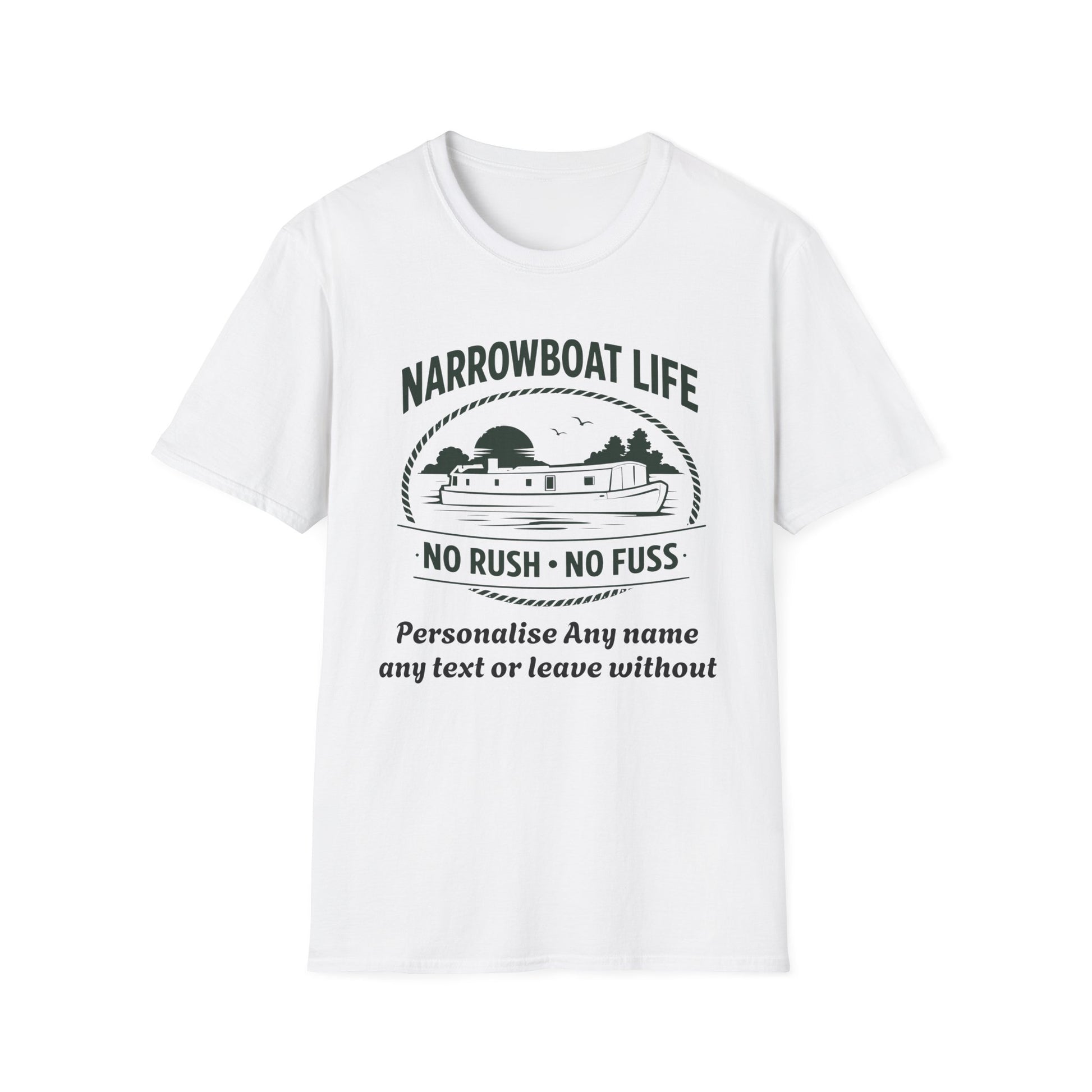 Narrowboat Life T-Shirt – 'No Rush • No Fuss' Canal Boat Tee Printify