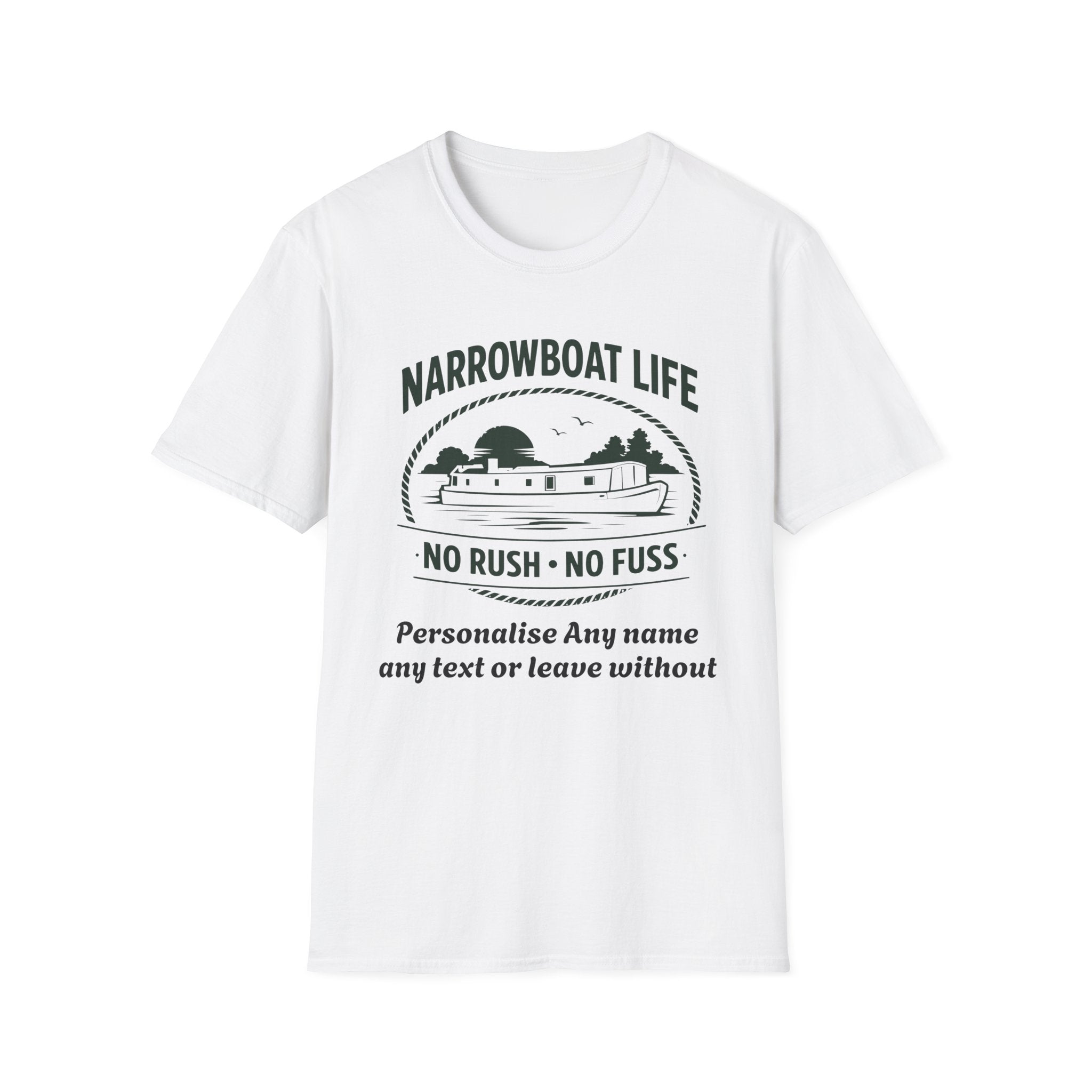 Narrowboat Life T-Shirt – 'No Rush • No Fuss' Canal Boat Tee Printify