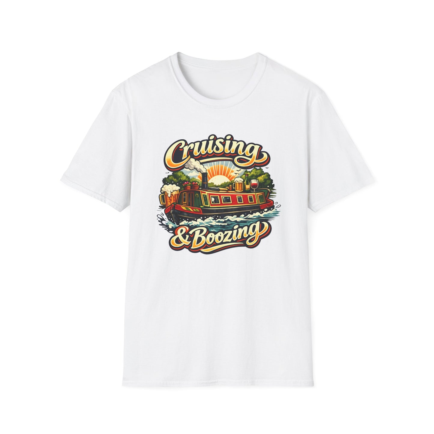 White t-shirt with 'Cruising & Boozing' graphic design on a white background