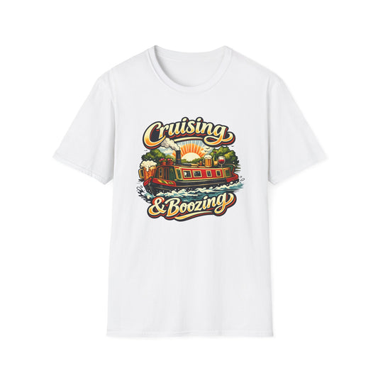 White t-shirt with 'Cruising & Boozing' graphic design on a white background