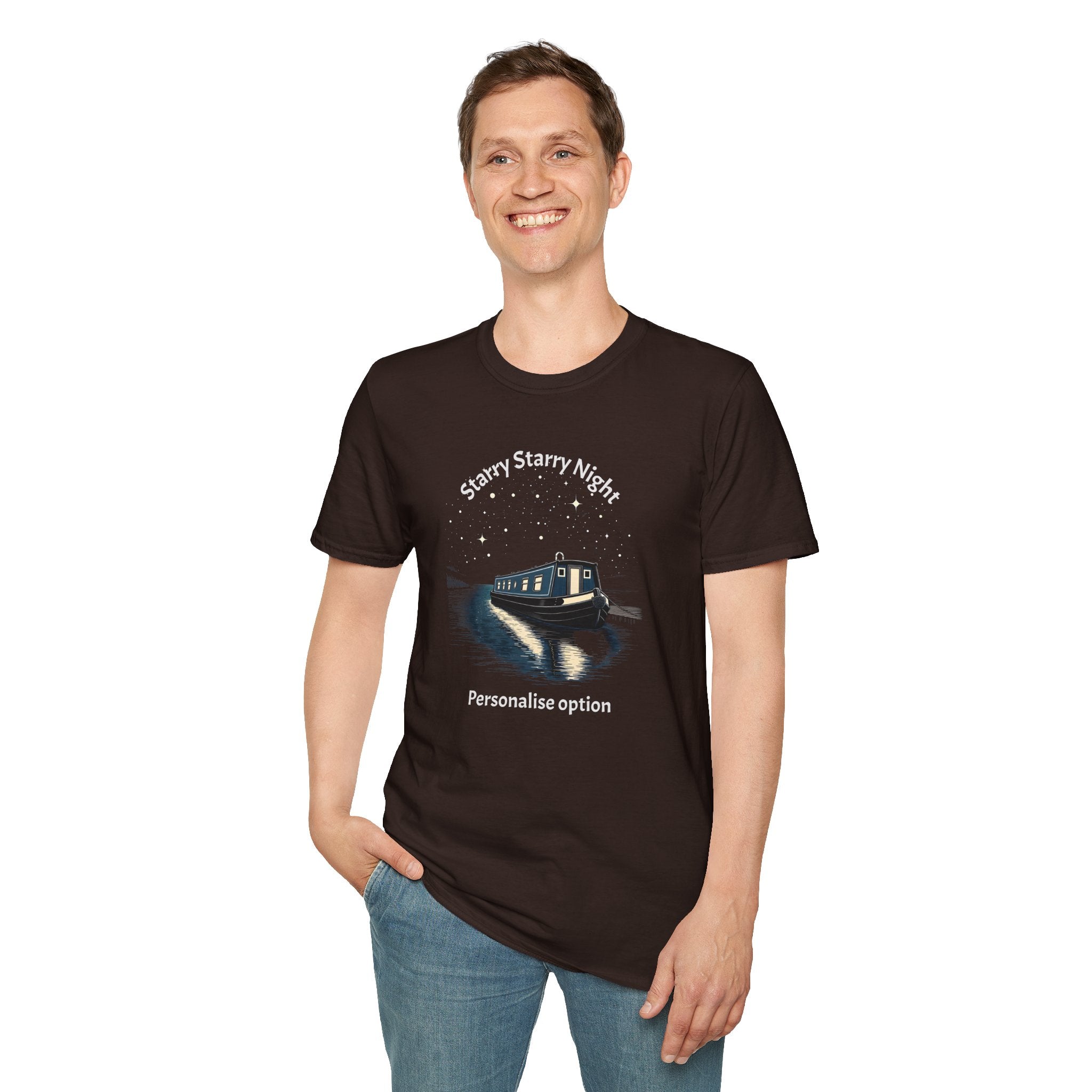 Starry Night Narrowboat T-Shirt – Personalised Canal Scene Printify