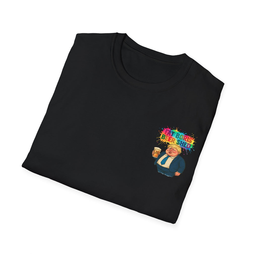 FOLDED Black t-shirt with a FAT BORIS  graphic design on a white background