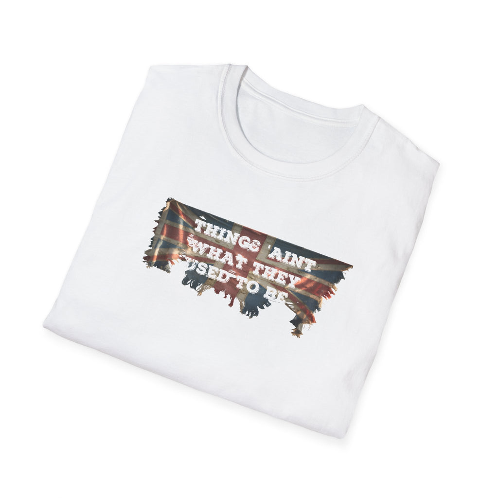 White distressed vintage Union Jack tee that doubles as social commentary. The faded flag design channels retro British nostalgia, while the cheeky slogan "Things Ain't What They Used to Be" 
