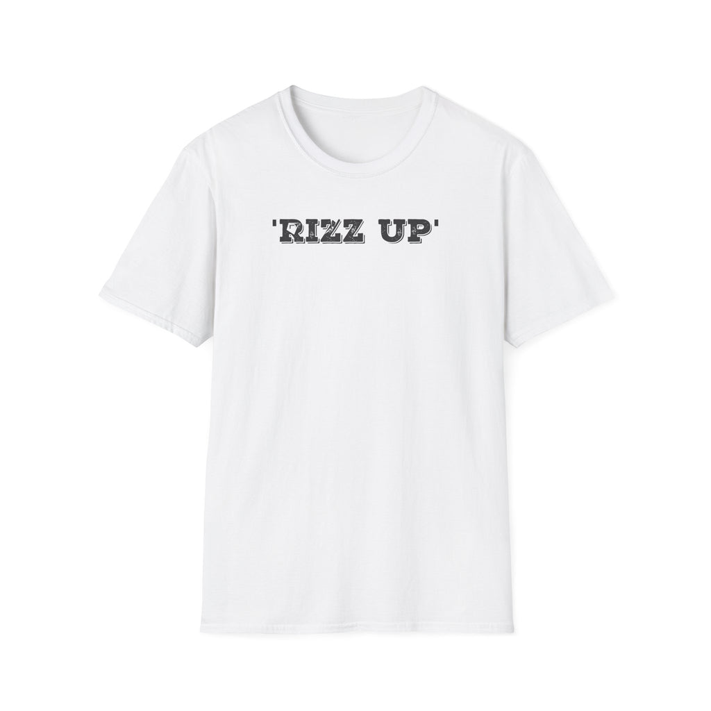 White t-shirt with 'RIZZ UP' text on a white background