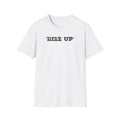 White t-shirt with 'RIZZ UP' text on a white background
