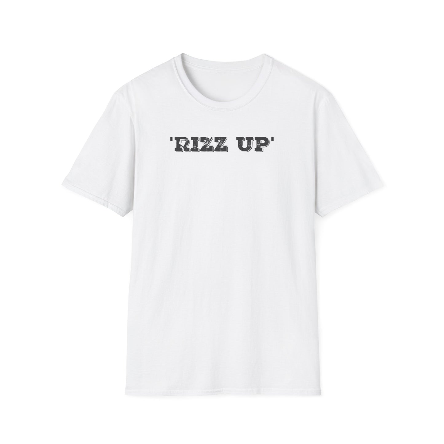 White t-shirt with 'RIZZ UP' text on a white background
