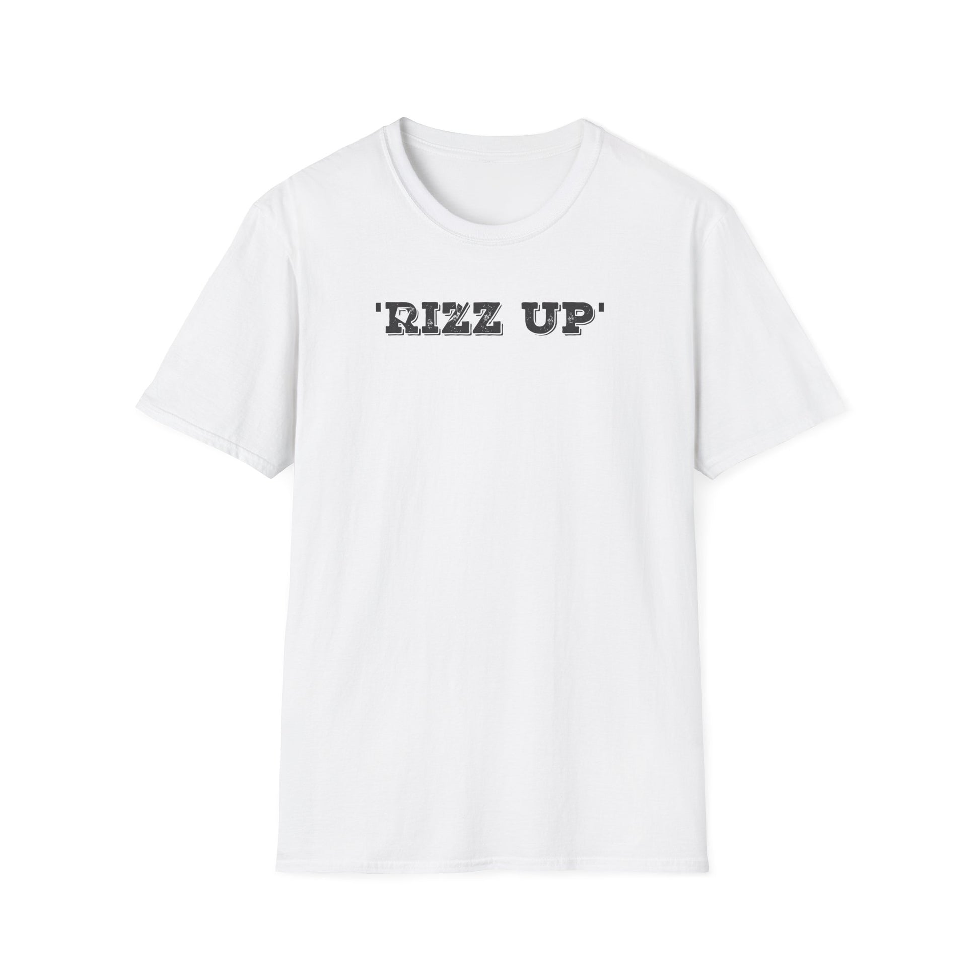 White t-shirt with 'RIZZ UP' text on a white background