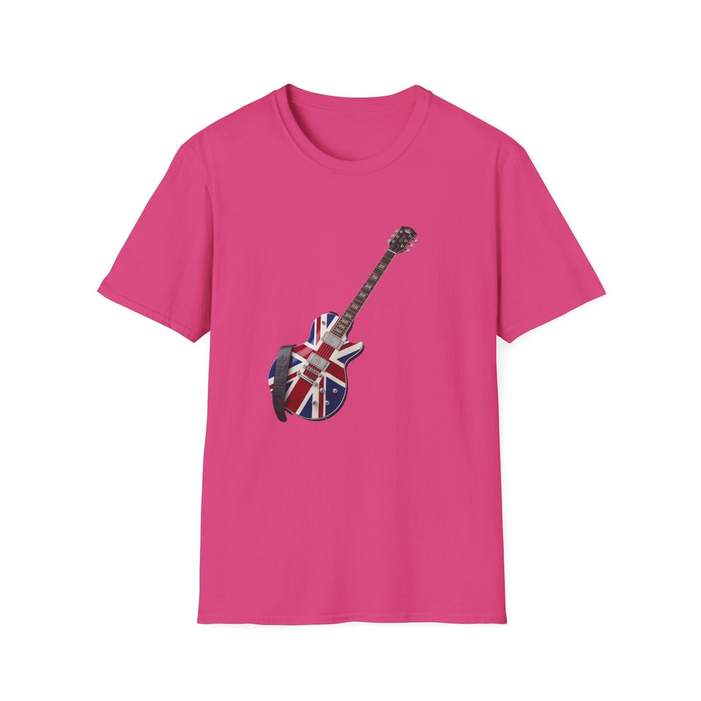 Pink t-shirt with a guitar design featuring the Union Jack on a white background