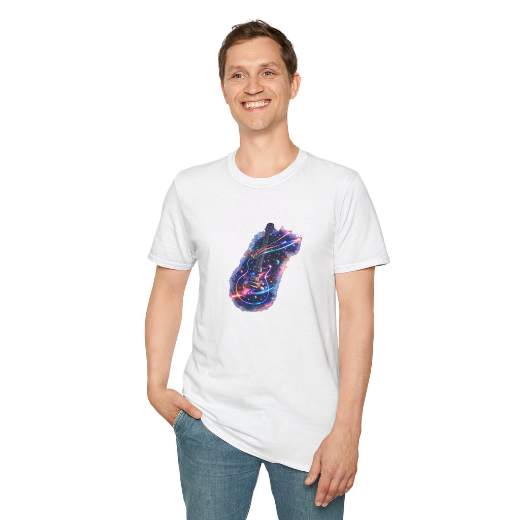 Cosmic guitar design with galaxy planets stars and neon shooting star strings for music lover t shirt