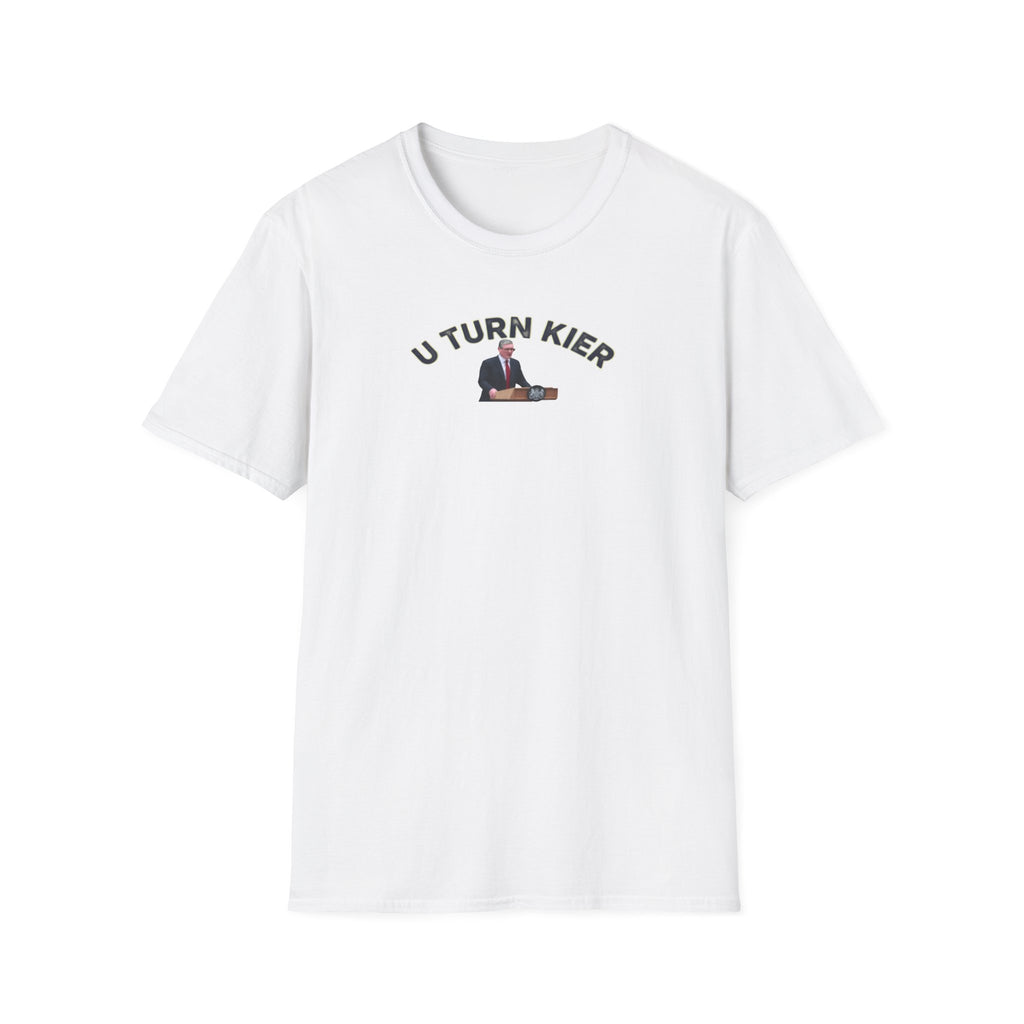 White t-shirt with 'U TURN KIER' text and graphic on a white background
