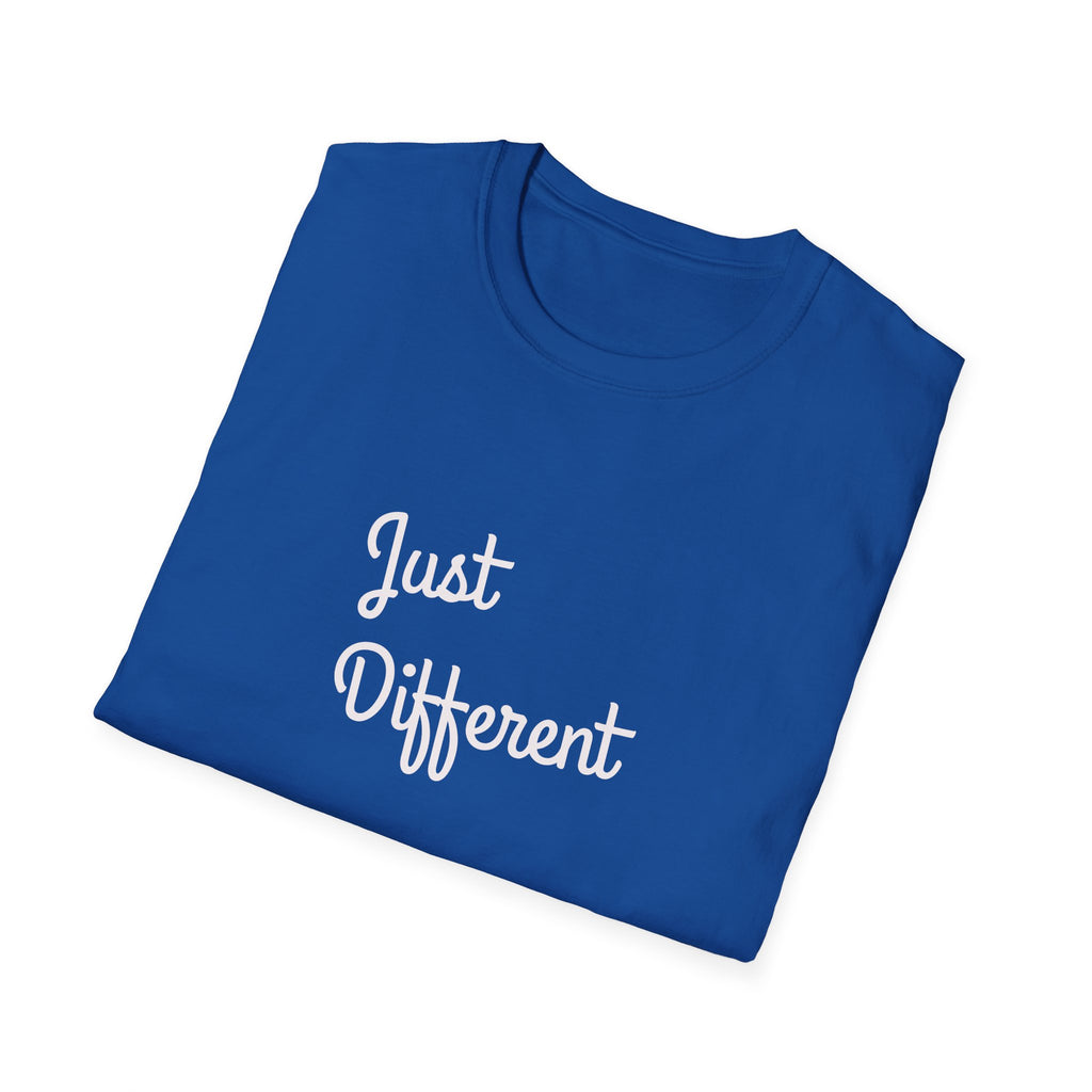 Folded blue t-shirt with 'Just Different' text on a white background