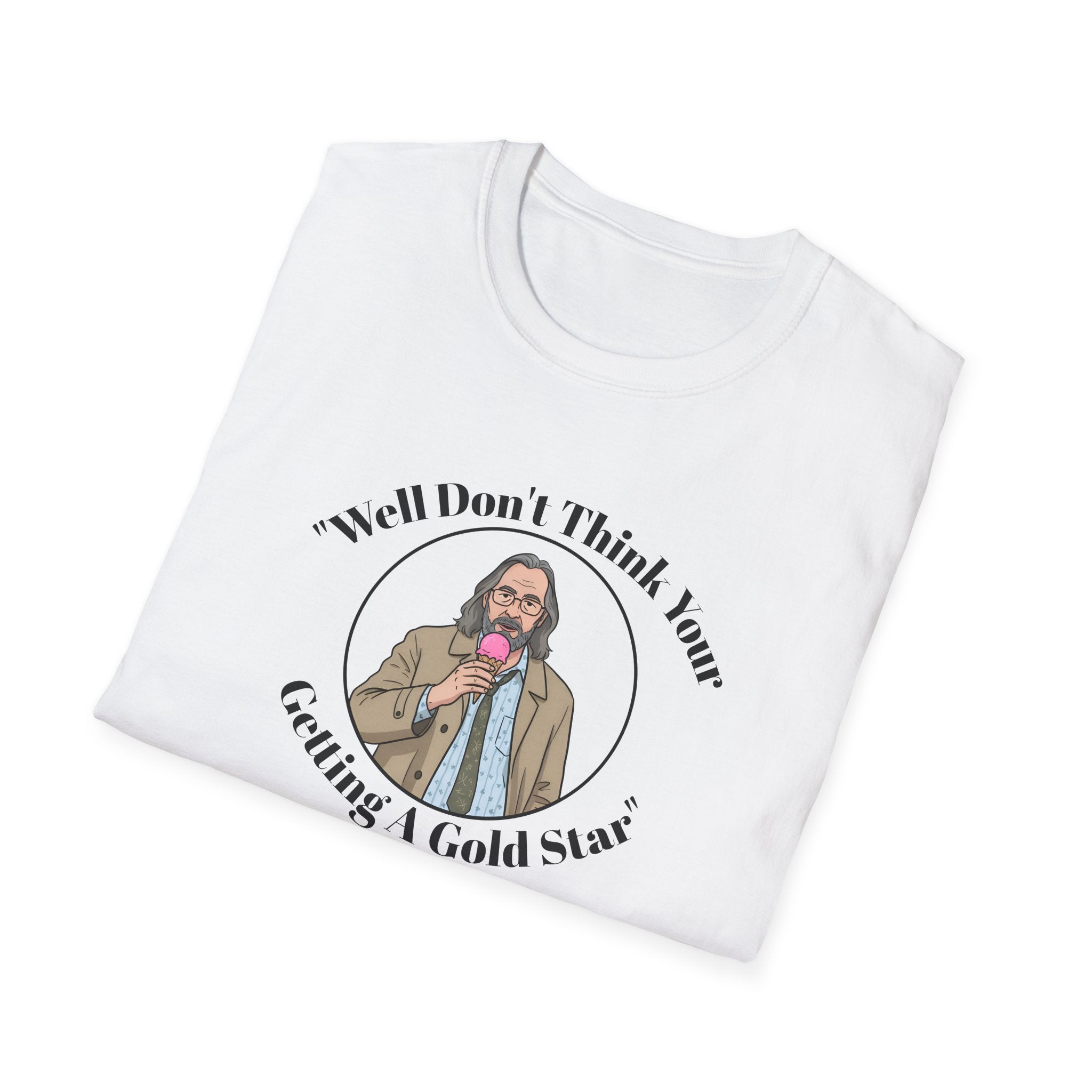 FOLDED White t-shirt Jackson lamb caricature with graphic design and text on a white background