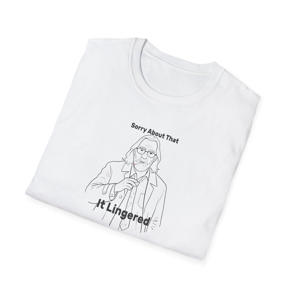Folded Gary Oldman AS Jackson Lamb Unisex Softstyle white T-Shirt, TV Show Line Drawing, sorry about that it lingered