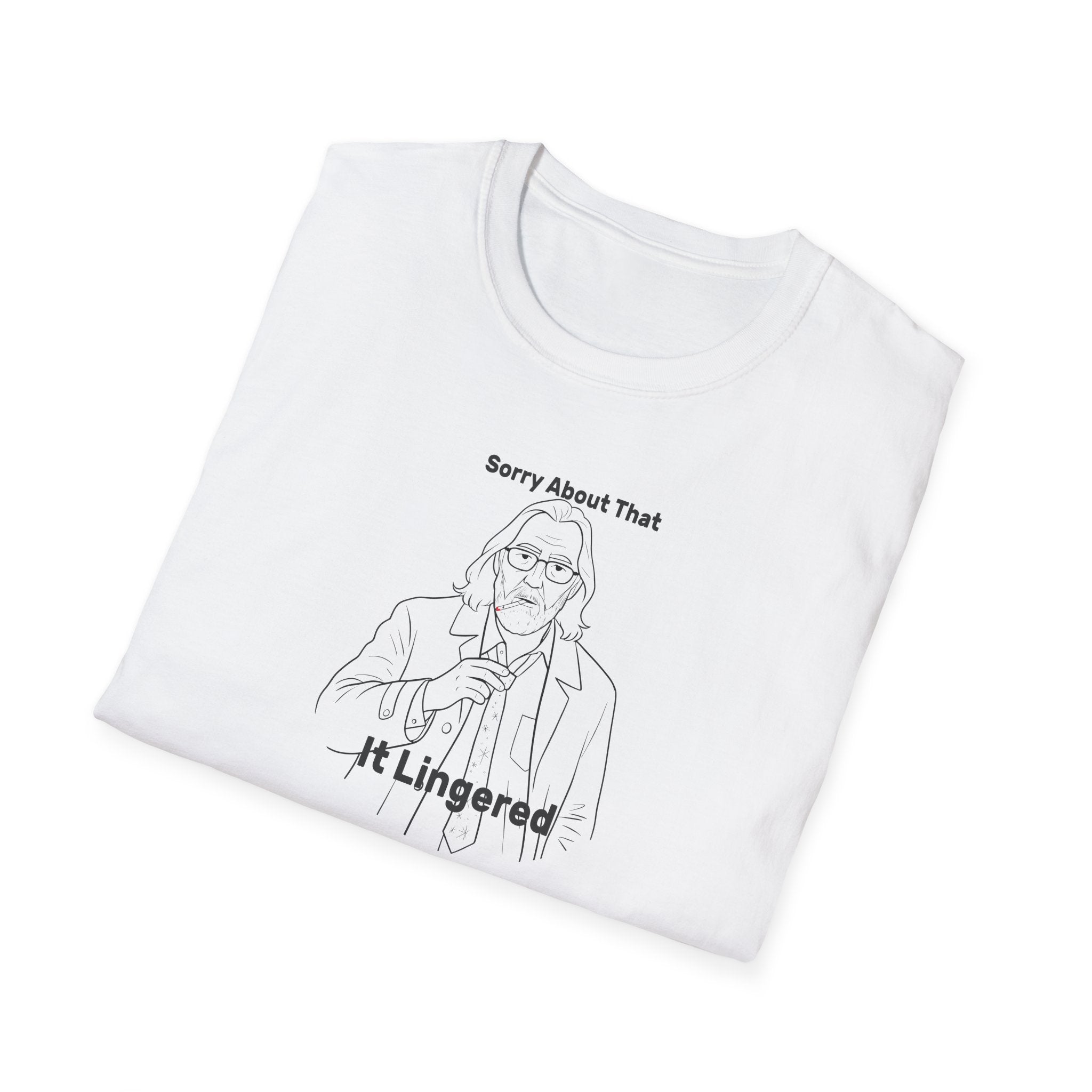 Folded Gary Oldman AS Jackson Lamb Unisex Softstyle white T-Shirt, TV Show Line Drawing, sorry about that it lingered