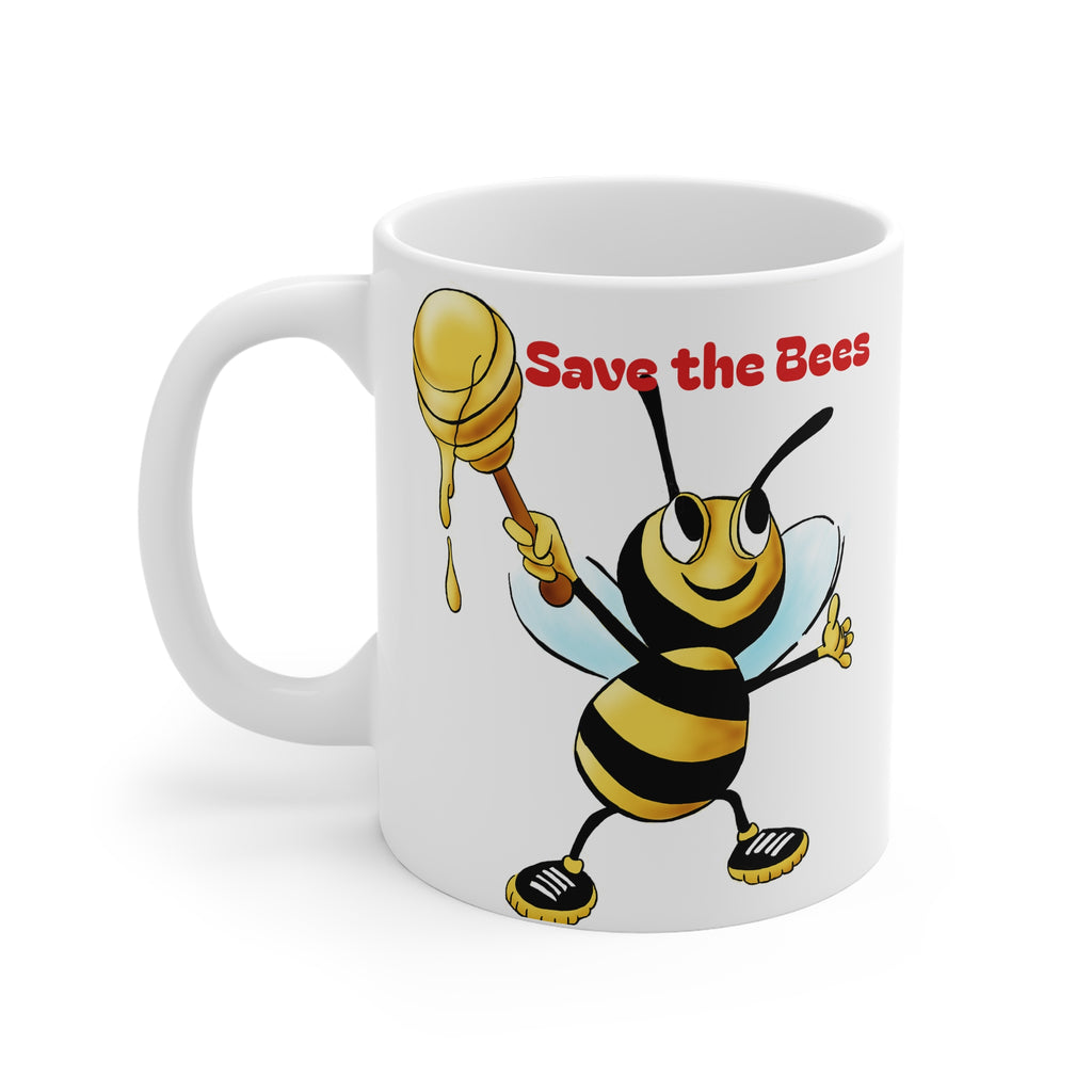 Mug with a bee design holding honeycomb and 'Save the Bees' text on a white background
