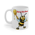 Mug with a bee design holding honeycomb and 'Save the Bees' text on a white background