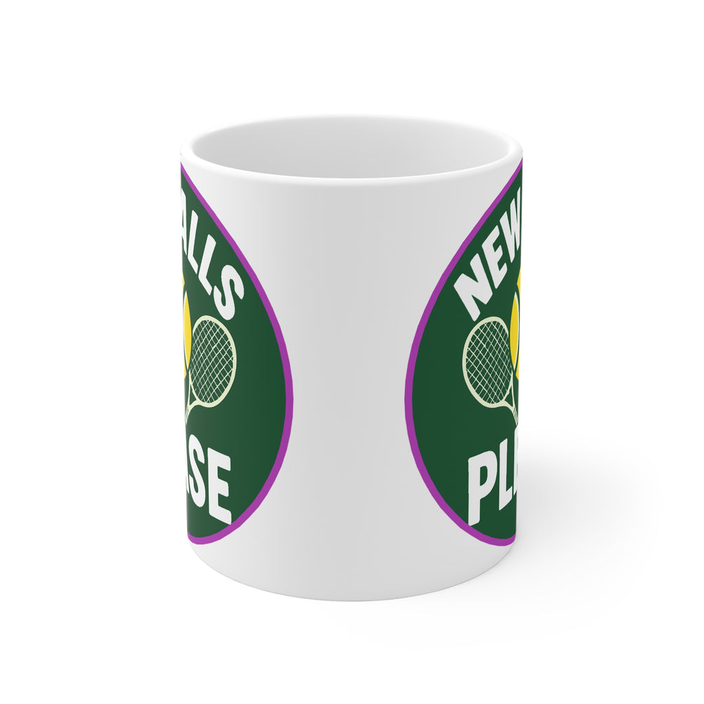 White mug with green and purple design featuring tennis rackets and text on a white background