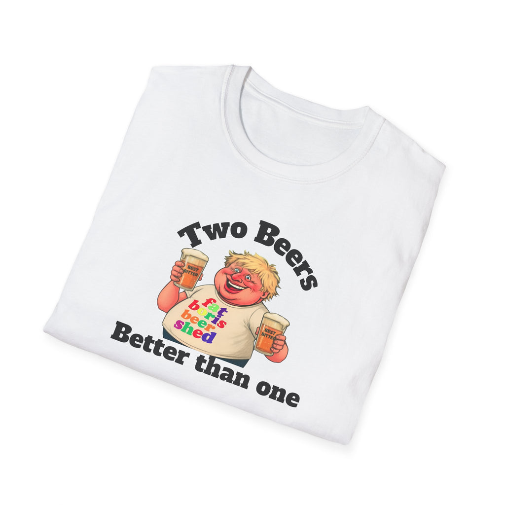 folded White t-shirt with a graphic of a cartoon character holding two beers and text on a white background
